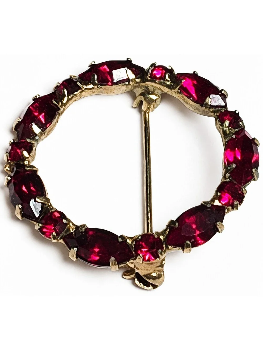 Vintage Garnet Red Rhinestone Circle Brooch Gold Tone Pin 1